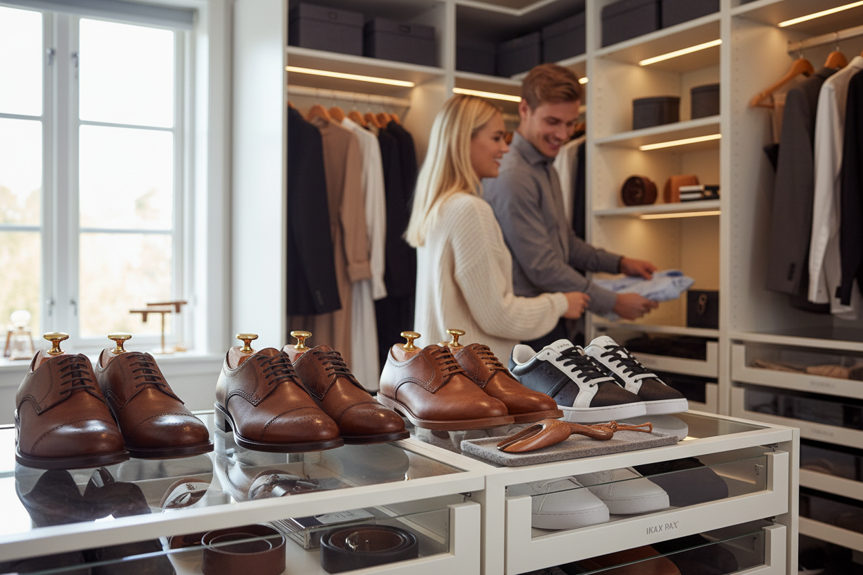 Walk-in closet med IKEA PAX och skoaccessoarer